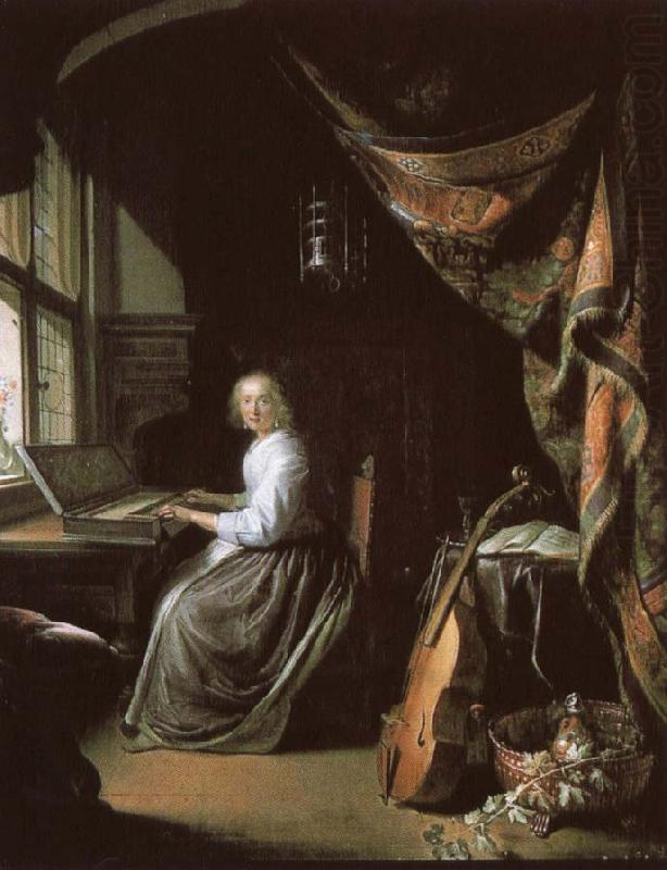 christian schubart a 17th century dutch painting by gerrit dou of woman at the clvichord.